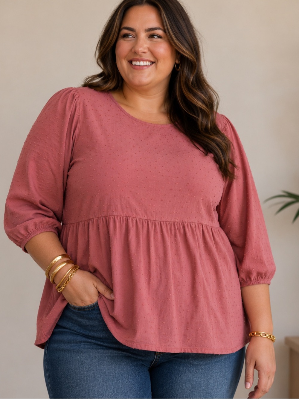 Time and Tru Dusty Rose Peplum Swiss Dot Top